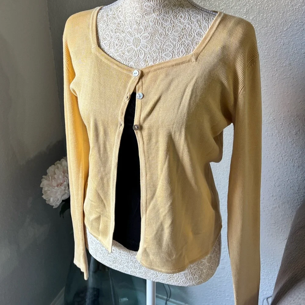100% Silk Joseph A. Buttercup Yellow Silk Button-Front Cardigan - Picture 3 of 8
